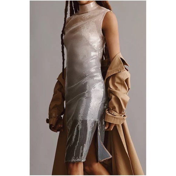 ANTHROPOLOGIE | Ombre Sequin Cap-Sleeve Mock Neck Midi Dress | NWT - Picture 4 of 7